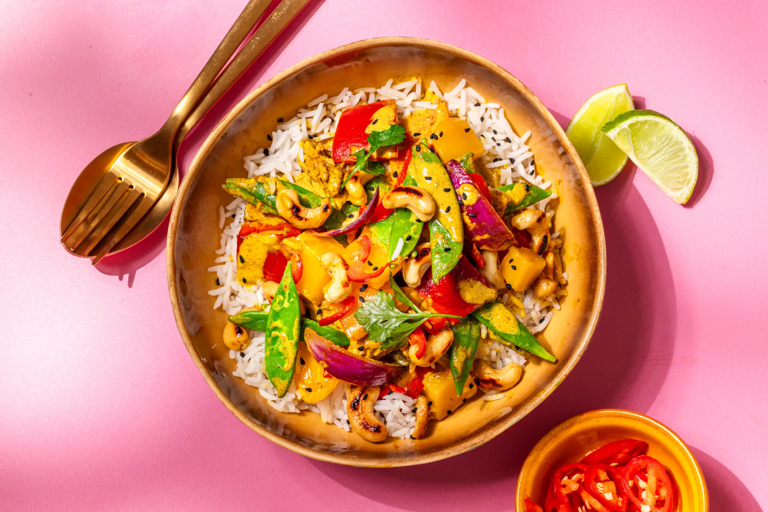 Milde curry met mango en plantaardige kipstukjes
