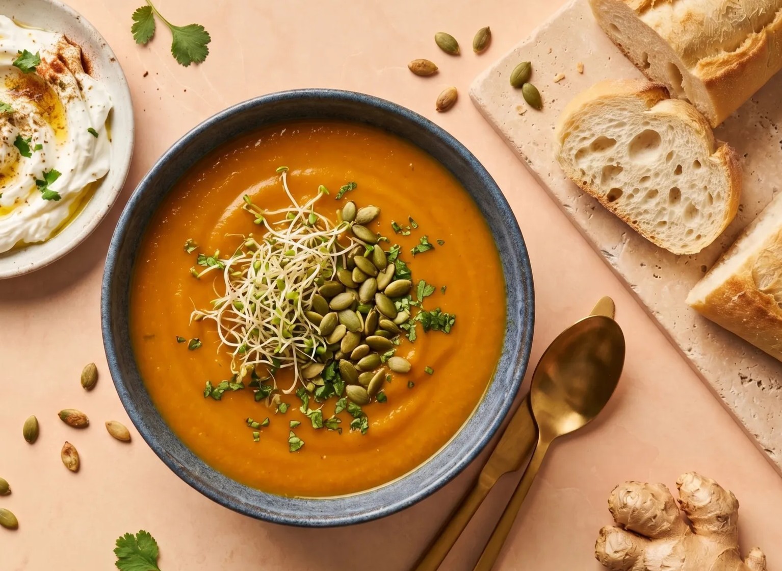Geroosterde pompoensoep met kokosmelk en labneh