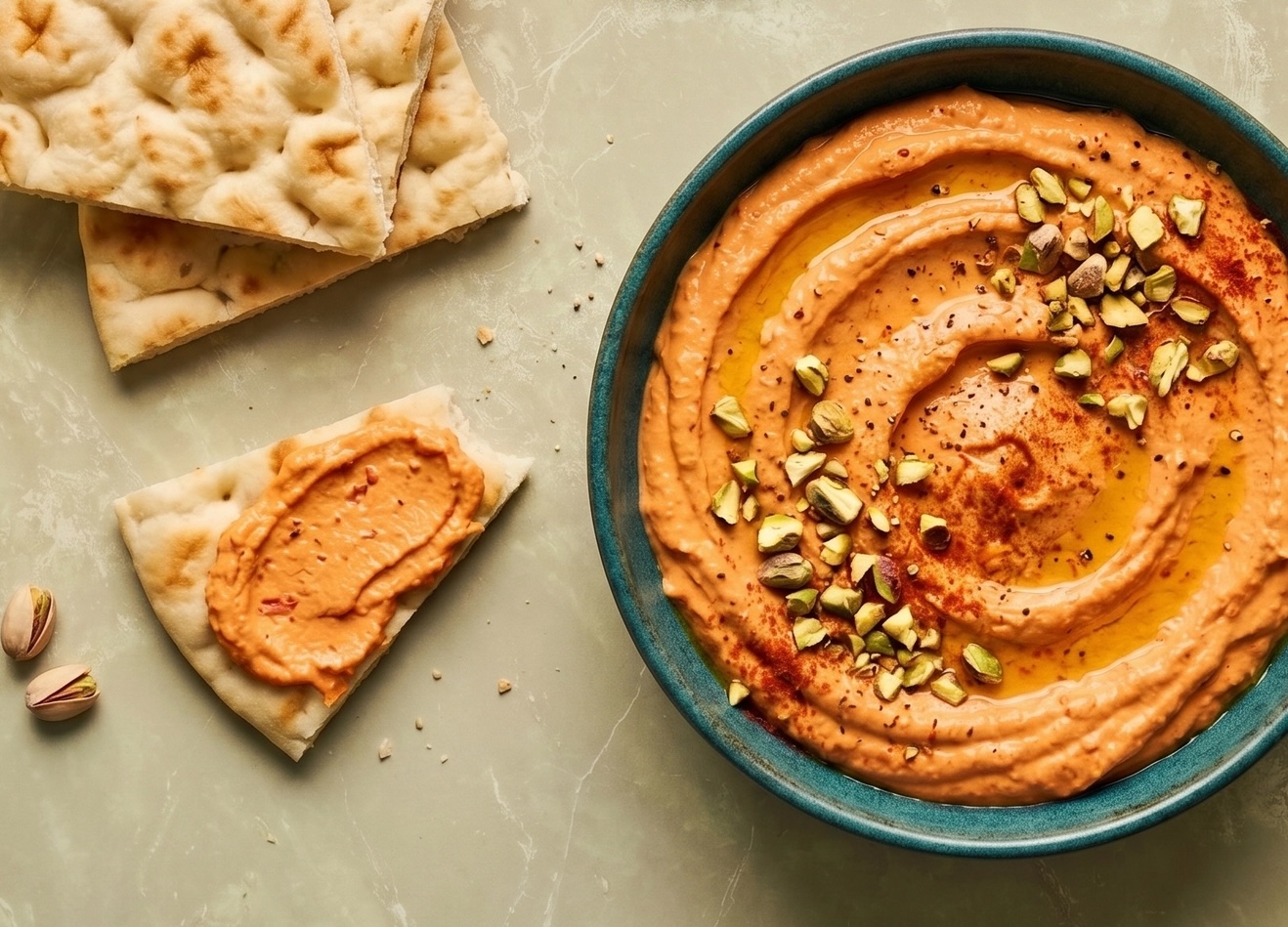 Feta dip met geroosterde paprika, olijf en pistache