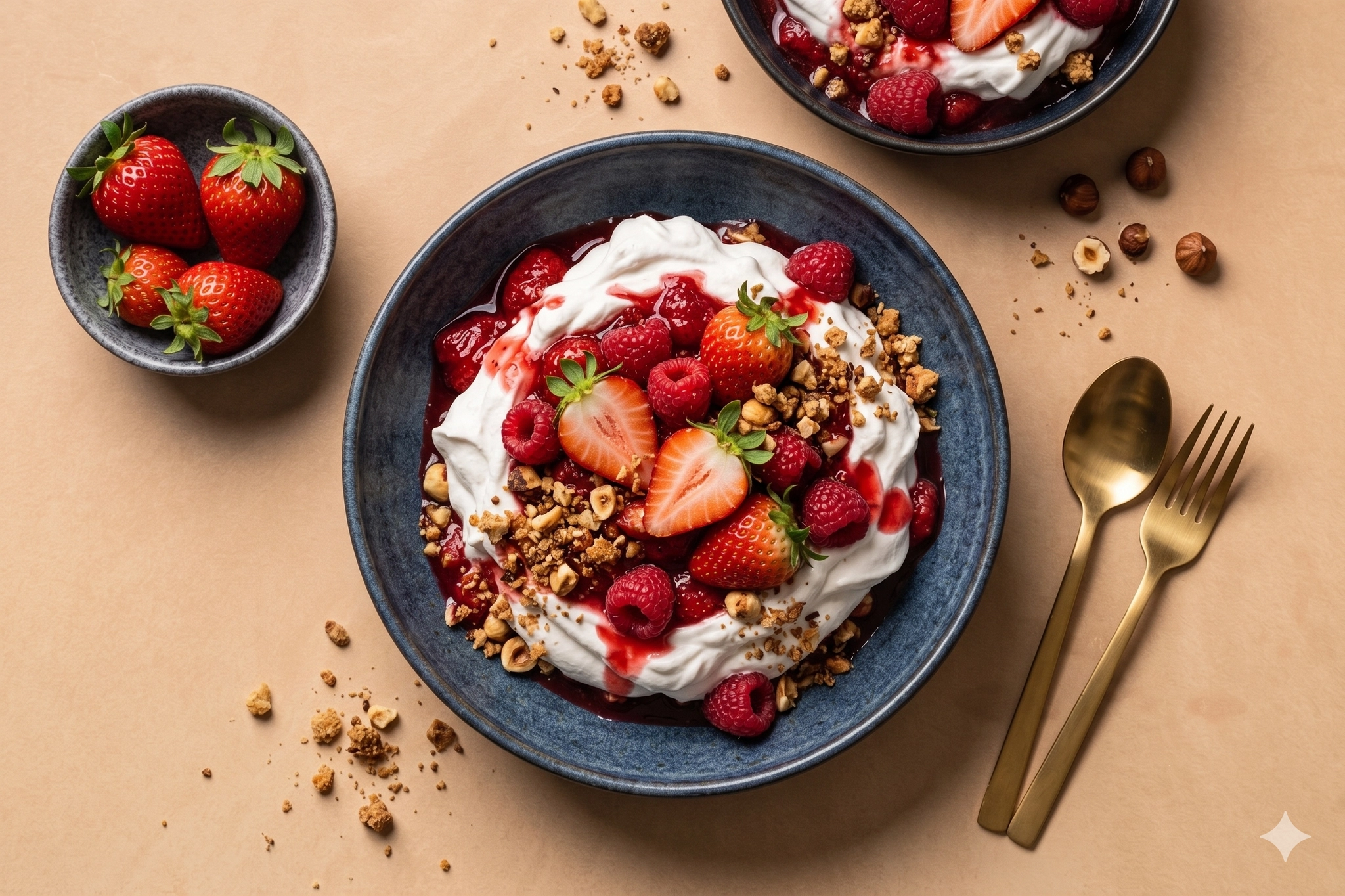 Vruchtencrumble met kokosmelkroom en noten
