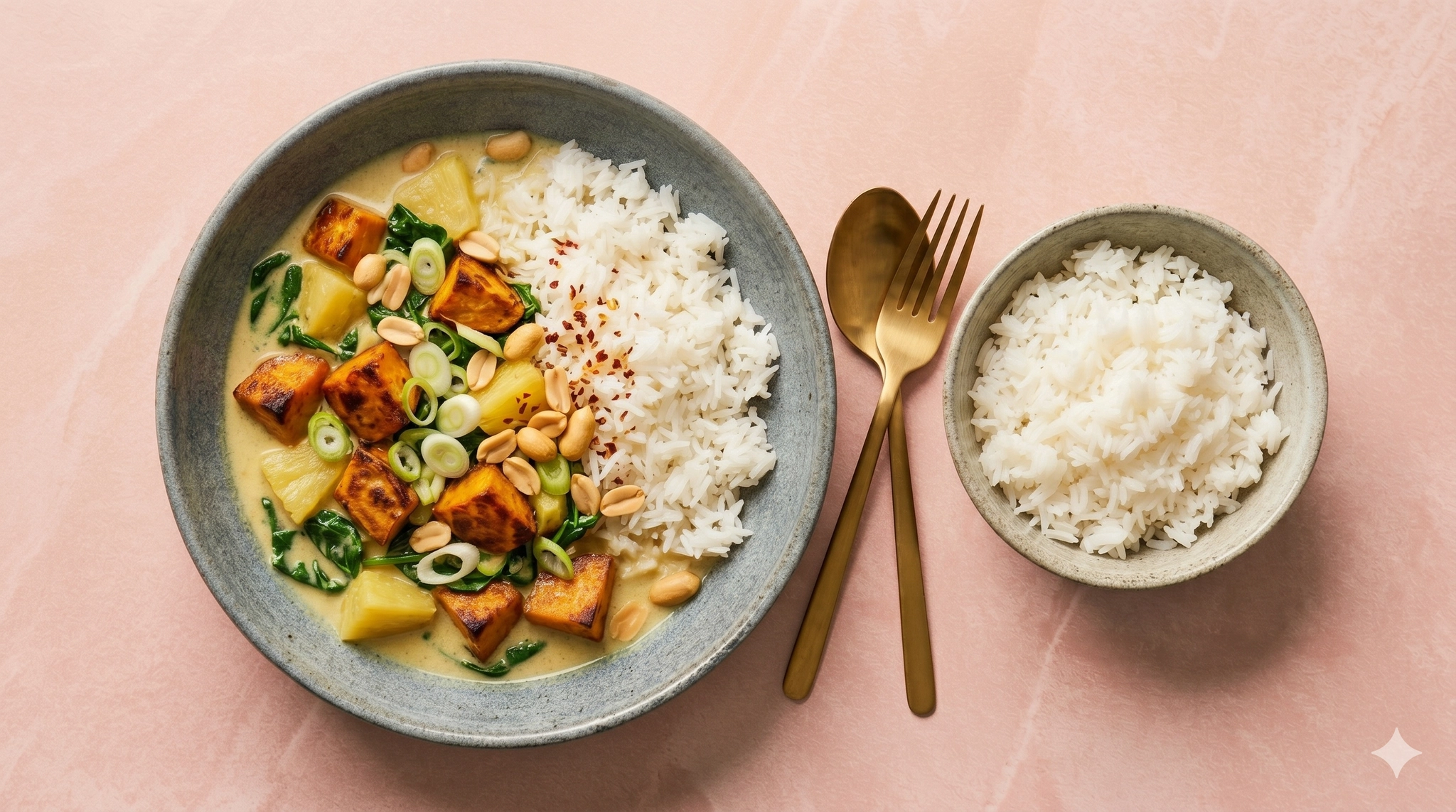 Gele curry met geroosterde zoete aardappel en ananas