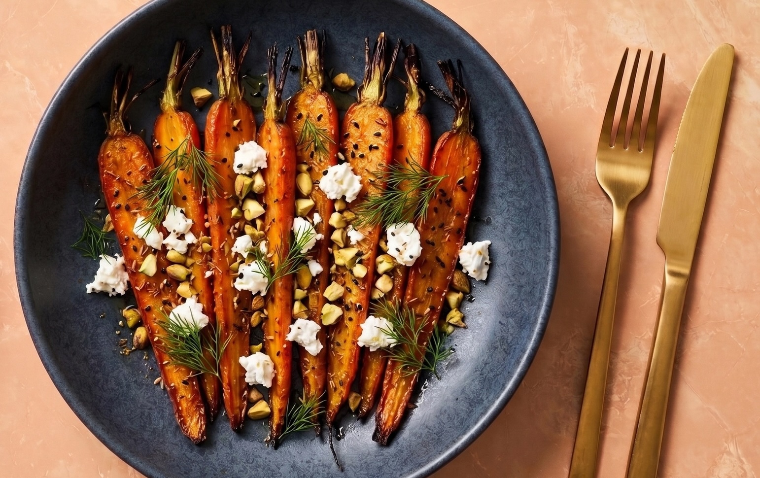 Salade van geroosterde wortel, geitenkaas en pistache