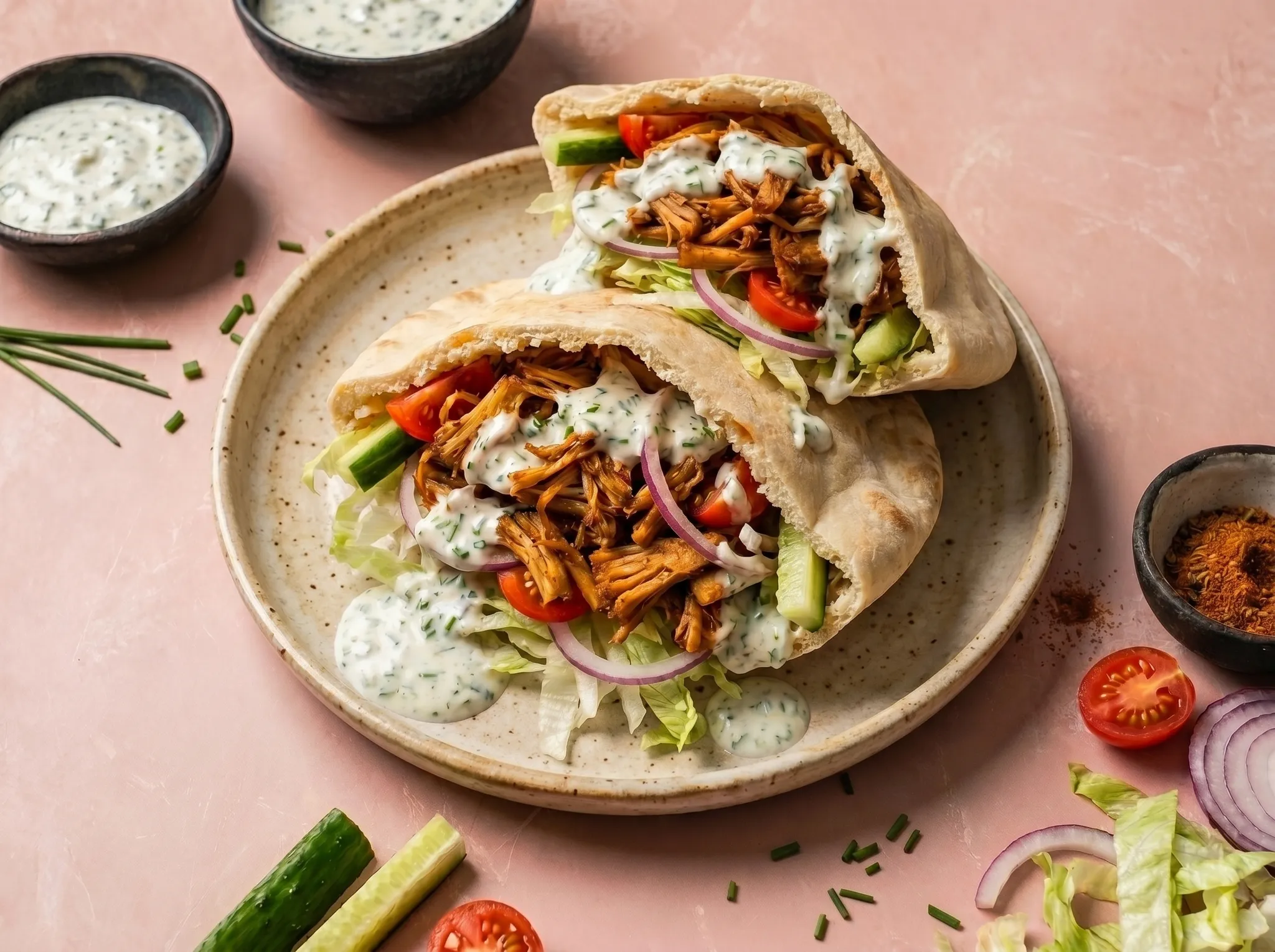 Gyros van jackfruit met frisse yoghurt van groene kruiden