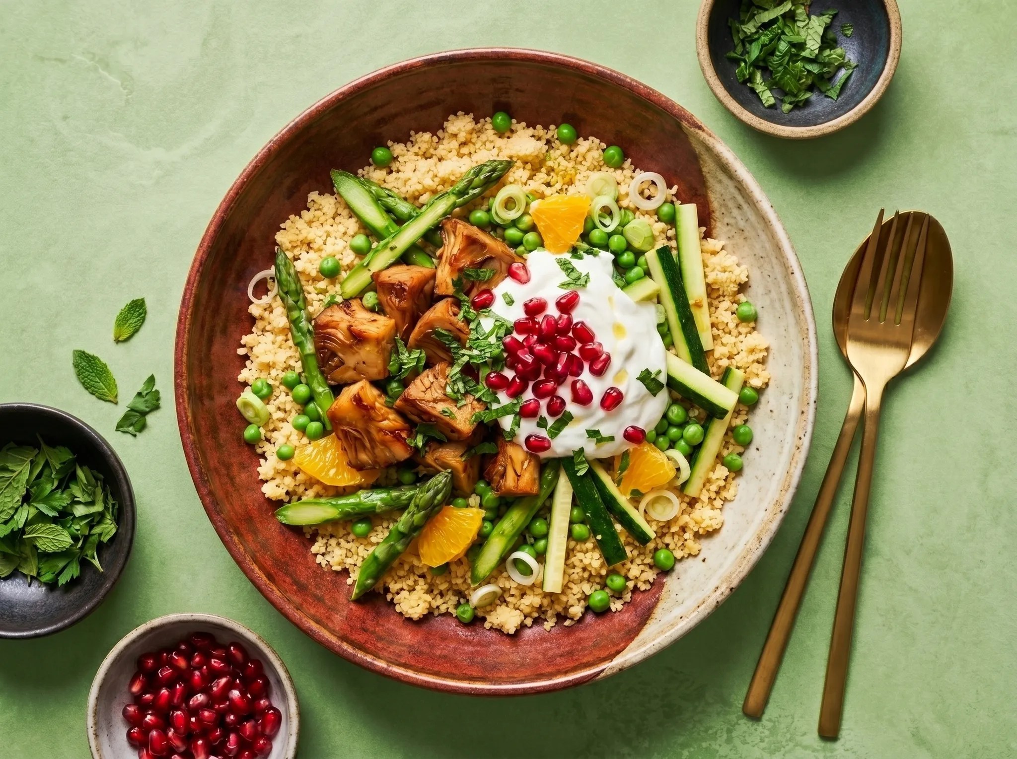 Couscoussalade met gemarineerde jackfruit en yoghurt