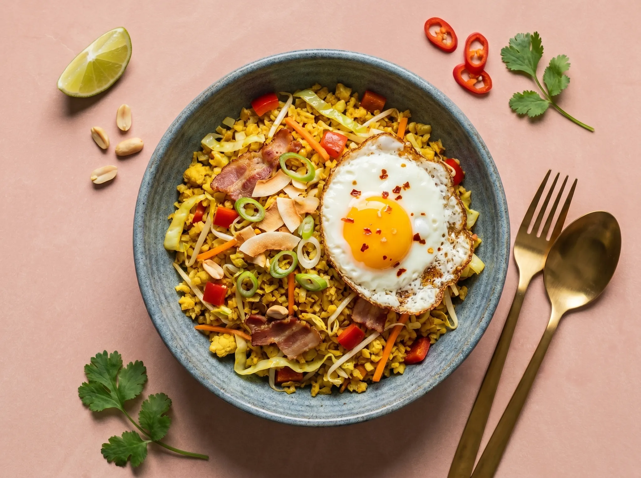 Bloemkoolrijst nasi met oosterse wokgroenten en spekjes