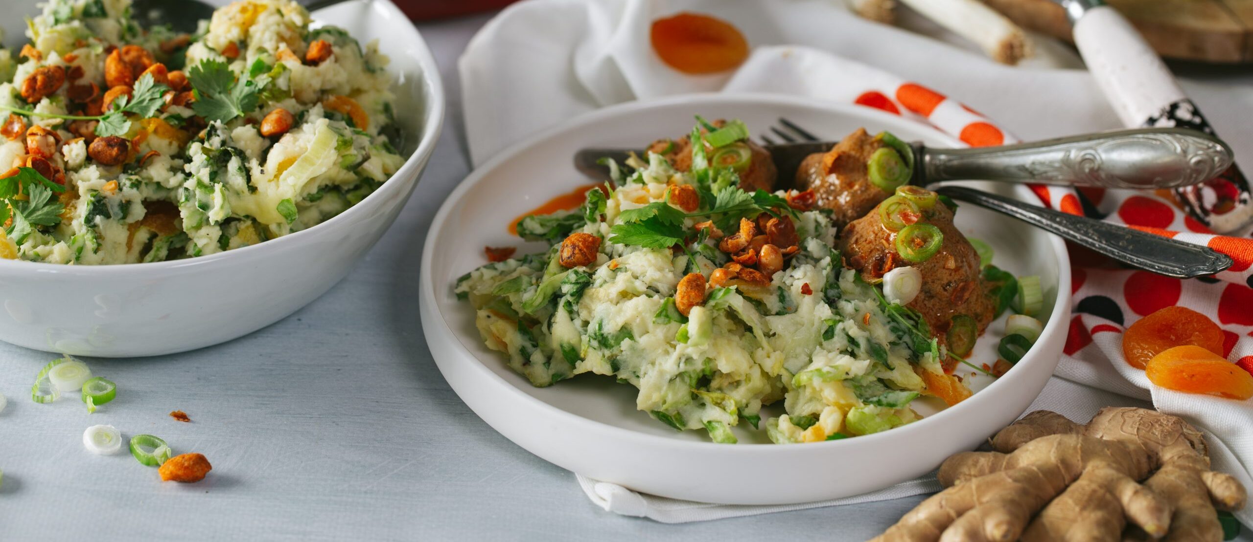 Stamppot andijvie met rode curry-gehaktballen