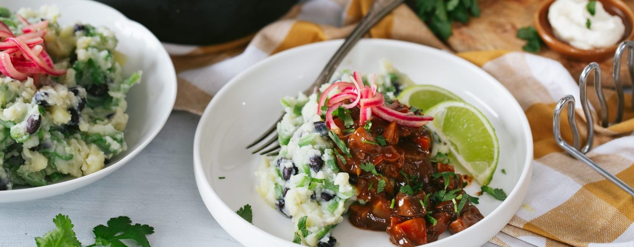 Vegetarische Barbacoa stoof met Mexicaanse puree